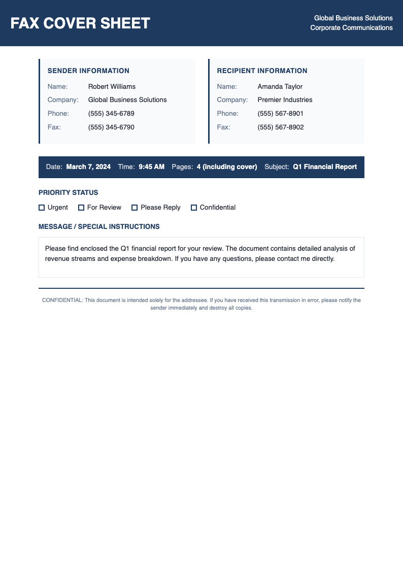 Corporate blue fax cover page